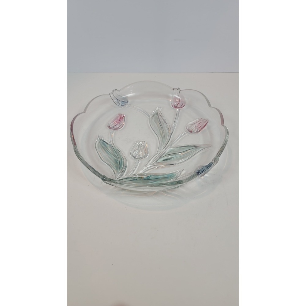 Mikasa Tivoli Crystal Serving Plater Tulips Clear Blue Green Pink Glass Art
